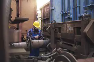 Railroad Worker Checking Cargo Containers Freight Train Station